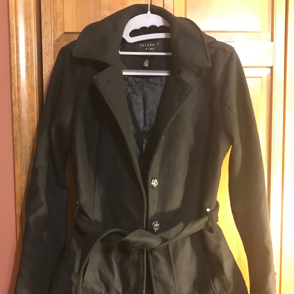Celebrity Pink Juniors' Hooded Belted Ruffled-Hem Peacoat NEW w tag